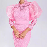 High-End Dress Dress Lace See-through Puff Sleeve Slim Party Dress Elegant Exquisite Women Dress