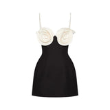 birthday outfits French Hepburn Style White Three-Dimensional Flower Waist-Tight Suspender Dress Elegant Small Black Dress A- line-Hip Bandage Dress