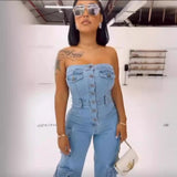 birthday outfits 2024 New Tube Top Multi-Pocket Workwear Jeans Jumpsuit Suit Multi-Button Women's Clothing