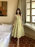 Amfeov-Painting Long Dress Seaside Vacation Beach Dress French Style Vintage Floral Strap Dress Women's Summer