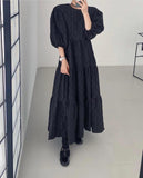 Amfeov Vintage Round-neck 3D Pleated Ruffle Long Dress