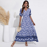 Amfeov Summer Women Collection V-neck Printed High Waist Big Swing Dress