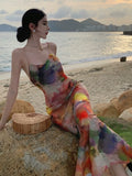 Amfeov-Oil Painting Summer Retro Beautiful Beach Vest Dress