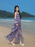 Amfeov-Bohemian Holiday Dress Women's Summer V-neck Strap Long Dress Loose Sleeve Wide Hem Flowy Seaside Beach Skirt