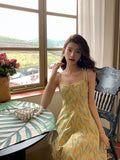 Amfeov-Painting Long Dress Seaside Vacation Beach Dress French Style Vintage Floral Strap Dress Women's Summer