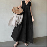 Amfeov Literary Denim Tie Back V-Neck Long Dress