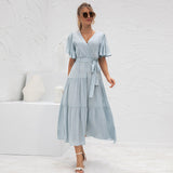 Amfeov Summer Arrival Women Clothes Sexy V-neck Long Patchwork Dress