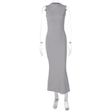 Amfeov Women Clothing Summer Slim Fit Slimming Round Neck Sleeveless Solid Color Dress