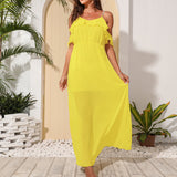 Amfeov Chiffon Long Rhinestone Strip Strap Ruffle Sleeve Maxi Dress