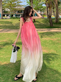 Amfeov-Beach Dress Gradient Color Loose Suspender Dress Summer Seaside Vacation Fairy Skirt Sanya Suspender Dress to Ankle