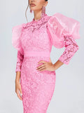 High-End Dress Dress Lace See-through Puff Sleeve Slim Party Dress Elegant Exquisite Women Dress