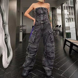 classy outfits men New Fashion Street Style Tube Top Tight Waist Slimming Hot Girl Multi-Pocket Denim Overalls Jumpsuit