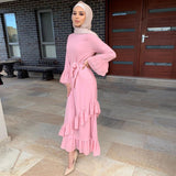 Amfeov Women Muslim Ethnic Maxi Dress Ruffled Patchwork Flared Sleeves Dress