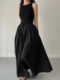 Amfeov Elegant Round Neck Waist Slim Pleated Long Dress