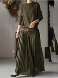 Amfeov Belt Solid Pullover Knit Panel Pleated Dress