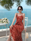 Amfeov-Lady Beach Red Floral Skirt V-neck Strap Dress Women's Summer Fancy Long Dress Seaside Holiday Beach Dress