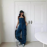 birthday outfits Retro Jeans Women's Hot Girl Outer Wear Jumpsuit Niche Design Two-Color Straight Overalls