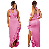 prom dresses K10440 Women's Swing Collar Halter Dress Sexy Backless Ruffles Dress