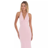 pink dress Pure Desire Style Sleeveless Deep V Halter Backless Cross Strap Sexy Slim Temperament Fishtail Dress