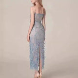 pink dress Niche Sequined Black Lace Ribbon Three-Dimensional Flower Sexy Slim Strap Dress Long Dress for Women