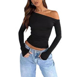 off shoulder  T-shirt Women's Hot Girl Long-Sleeved Bottoming Shirt Casual Shoulder Top Slim-Fit off-Neck Women's Clothing