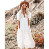 Amfeov Beach Cover up Slubbed Fabric Button Draw Waist Strap Maxi Dress Sun Protection Shirt