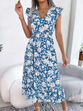 Amfeov Spring Summer Casual Wooden Ear Floral Waist Slimming Maxi Dress Holiday Dress Women Clothing