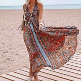 Amfeov Women Clothing Spring Summer Arrival Printing V-neck Halter Bohemian Maxi Dress