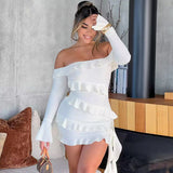 pink dress Hot Selling 2024 Autumn New Fashion off-Shoulder Ruffled Flare Sleeve Ribbon Dress