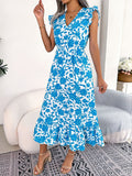 Amfeov Spring Summer Casual Wooden Ear Floral Waist Slimming Maxi Dress Holiday Dress Women Clothing