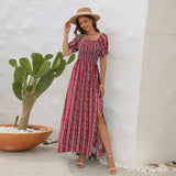 Amfeov Spring Summer Vertical Stripes Floral Print Slit Waist Dress