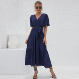 Amfeov Summer Arrival Women Clothes Sexy V-neck Long Patchwork Dress