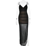 Amfeov Summer V neck Strap Dress Women Sexy See through Gauze Stitching High Slit Maxi Dress