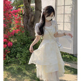 Amfeov-Square Collar Short sleeve Dress Women Summer French style Gentle Style Pettiskirt Waist Hugging Slimming Irregular Frill Princess Dress