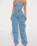 classy outfits men New Fashion Street Style Tube Top Tight Waist Slimming Hot Girl Multi-Pocket Denim Overalls Jumpsuit