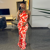 Fashionable Printed Sexy Sleeveless Halter Three-Dimensional Flower Decoration Sheath Dress Trendy Women