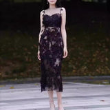 pink dress Niche Sequined Black Lace Ribbon Three-Dimensional Flower Sexy Slim Strap Dress Long Dress for Women