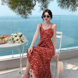 Amfeov-Lady Beach Red Floral Skirt V-neck Strap Dress Women's Summer Fancy Long Dress Seaside Holiday Beach Dress