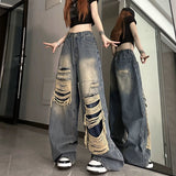 grunge outfits Plus Size American High Street Retro Niche Distressed Ripped Jeans Loose Men's and Women's Pants Fried Street Wide-Leg Pants