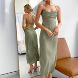 dress Summer New Satin Solid Color Sling Dress Women's Sexy Hollow Backless Inner Dress