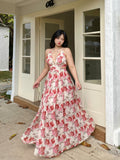 Amfeov Pink Rose Floral V-Neck Long Dress