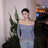 Onemillionlucky off shoulder  Kardashian Same Style Flat Shoulder Long Sleeve Tight Shaping Jumpsuit off-Shoulder Sheath Bottoming Shirt