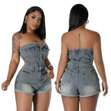 birthday outfits 6984 New Casual Fashion Tube Top Women's Slim Fit Denim Jumpsuit