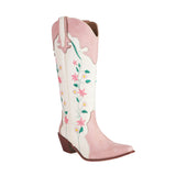 Women's Boots 35-Size 48 New Flower Embroidered Western Boots High Thick Heel Embroidered Pink Denim Boots