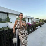 birthday outfits Style 2024 Summer New Women's Sexy Backless Slim-Fit Halter Printed Silk Net Dress