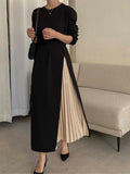 Amfeov Elegant Crew Neck Panelled Pleated Knit Lace-Up Dress