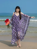 Amfeov-Bohemian Holiday Dress Women's Summer V-neck Strap Long Dress Loose Sleeve Wide Hem Flowy Seaside Beach Skirt