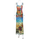 Amfeov Women Clothing Summer Retro Fashionable Personalized Printed off Neck Strap Dress