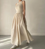 Amfeov Elegant Round Neck Waist Slim Pleated Long Dress