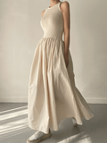 Amfeov Elegant Round Neck Waist Slim Pleated Long Dress